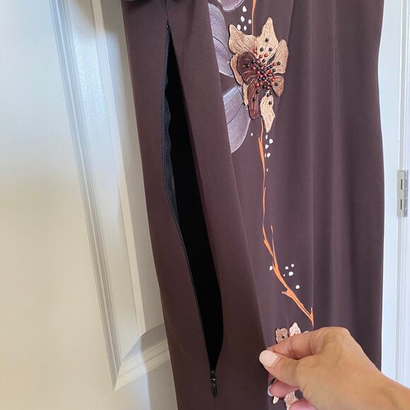 Women's Short Sleeve Custom One-of-a-Kind Hand Beaded Maxi Dress Brown 12-14 - Picture 3 of 8